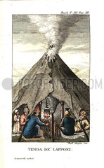 Sami people or Lapplanders in a tent made of sail and stakes.