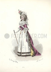 Woman in floral bonnet  wearing a pink fur-trimmed coat over long white skirts and carrying a cane. Woman in fur-trimmed outfit  era of Marie Antoinette.