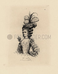 Woman in fashionable hat with feathers and ringlets  era of Marie Antoinette.