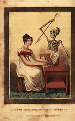 Skeleton of death aiming a dart at a woman playing the piano.