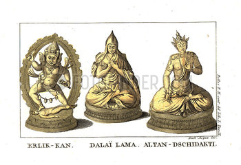Figures of divinities in the Kalmyk religion: Erlik Khan  Dalai Lama and Altan-Dschidakti.