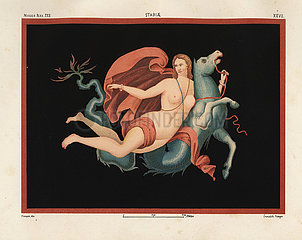 A Nereid (sea nymph) in mantle and bracelets riding on a sea monster.