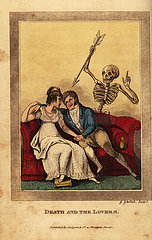 Skeleton of death aiming a dart at a lovers on a sofa.