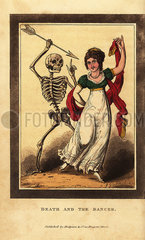 Skeleton of death aiming a dart at a woman dancing.