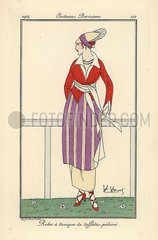Woman at racetrack in dress with striped pekine taffeta tunic.