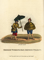 Chinese labourer with umbrella and peasant in rice-straw cape  QIng Dynasty.