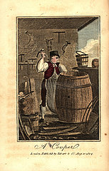 Cooper hammering a metal hoop on a hogshead barrel.