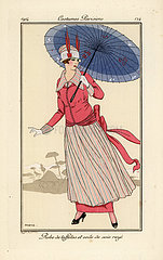 Woman in taffeta dress with striped silk apron.