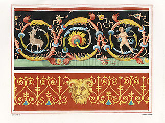 Wall painting of an arabesque with stag and cupid and a panel with a mask of Pan.