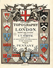 Title page with calligraphy and heraldic shields.