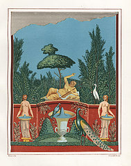 Wall painting of Bacchus with peacocks and fountains in a garden.