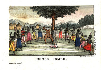 Mandinka polygamist in a bark suit beats one of his wives in Mumbo Jumbo.