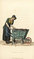 Itinerant butcher woman selling cat's meat (tripe) from a barrow.
