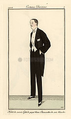 Man in evening suit with white waistcoat and silk gaiters.