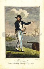 English mariner with sextant on a beach in front of a lighthouse and tall ship.