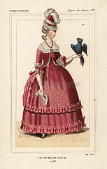 French woman in court costume with parrot  1788  court of King Louis XVI.