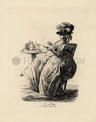 Fashionable woman drinking coffee  era of Marie Antoinette.