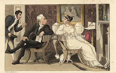 Johnny interrupts an argument between guests at a party in a Regency parlour.