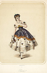 Woman in costume as a pansy for a masquerade ball.