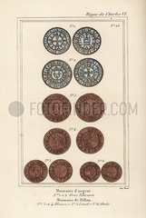French medieval silver (argent) and copper (billon) coins with coat of arms.