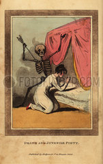 Skeleton of death aiming a dart at a young woman praying.