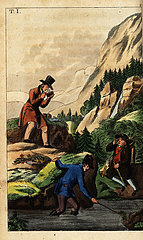 Gentlemen geologists laboriously search for minerals in a river.