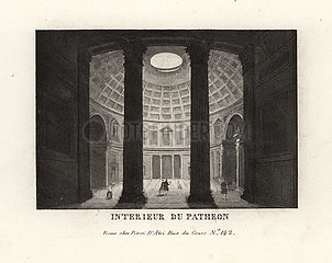Interior of the Pantheon showing the coffered dome and oculus  Rome  1849.