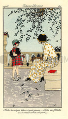 Woman in dress of polka-dot crepon  and girl with dog.