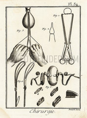 18th century tweezers and speculum for obstetrics.