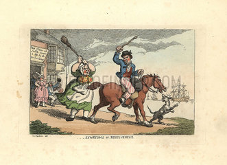 Man beating a stubborn horse with a cudgel  while the owner Widow Carzy waves a broom at him.