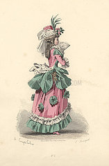Fashionable woman in petite maitresse style: pink dress ornamented with green flower rosettes  bonnet with flowers.