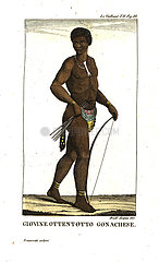 Young Gonaqua man  with bow and arrows  of the South African Khoikhoi.