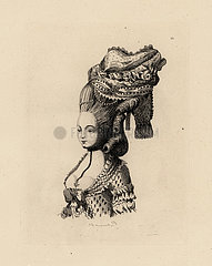 Woman in giant pouf hairstyle  era of Marie Antoinette.