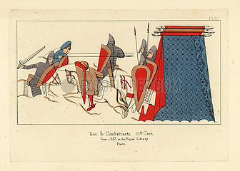 Norman cavalry in combat  with a military tent at right  11th century.