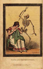 Skeleton of death aiming a dart at a woman sewing a garment.