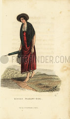 Scottish peasant girl barefoot with her shoes and hose in a basket.