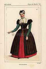 Costume of a French bourgeoise woman  16th century.