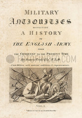 Title page to volume 1 with calligraphic title and vignette or armour and weapons.