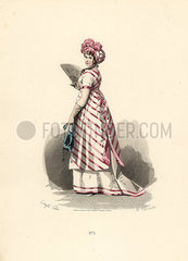 Woman in white dress with pink trim  striped apron.