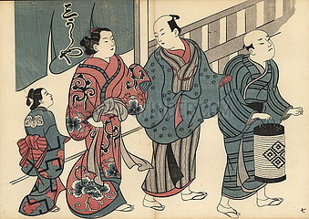 Customer and courtesan with maid being led by a servant.