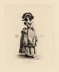 Woman in large hat with dress and apron  era of Marie Antoinette.