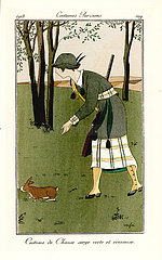 Woman with shotgun in hunting outfit of green and tartan serge.