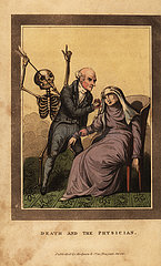 Skeleton of death aiming a dart at a doctor.