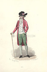 Fashionable post-revolutionary man in pink coat  green breeches  bonnet with rosette  striped stockings and cane. Dandy  era of Marie Antoinette.