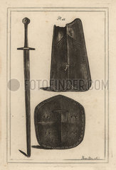 Breastplate  shield and two-handed sword.