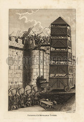 Pavisors and a moveable tower besieging a castle.