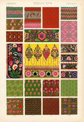 Indian ornaments from embroidered and woven fabrics  and vases.
