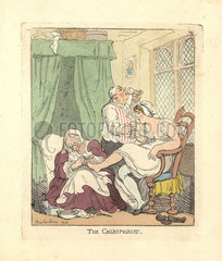 Woman having her feet treated painfully by a chiropodist.
