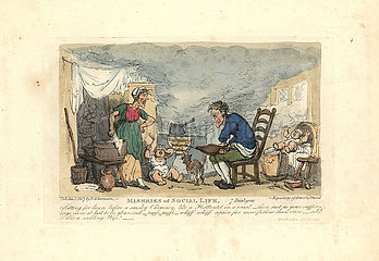 Man using bellows in front of a fire in a smoky room.
