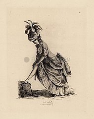 Woman fixing her stockings  era of Marie Antoinette.